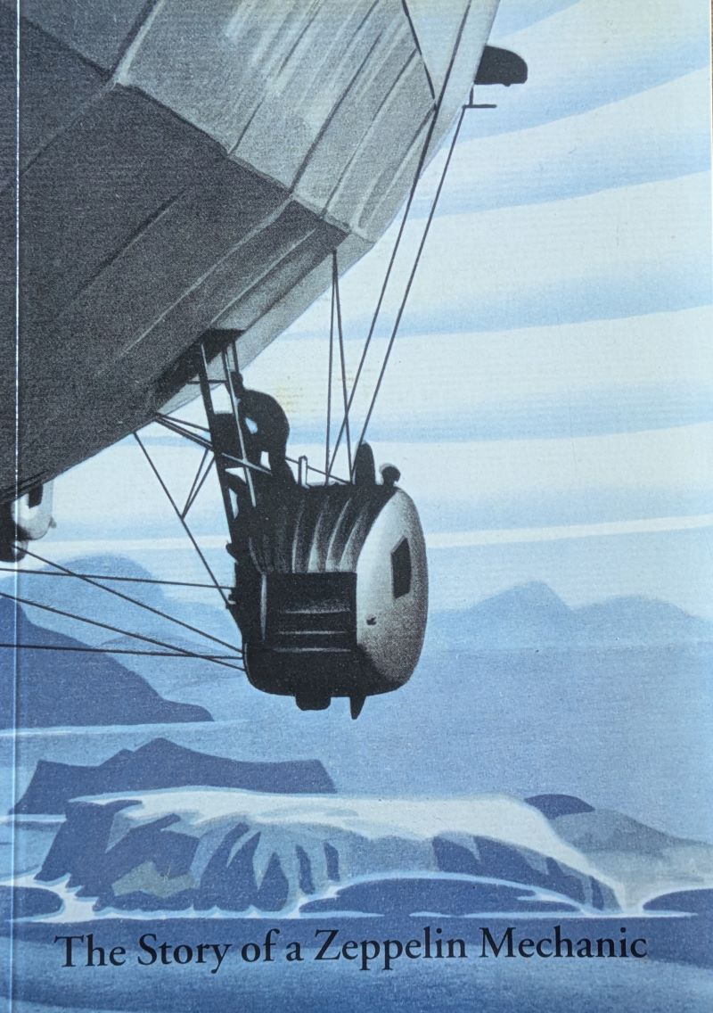 Colour picture of engine pod attached to the outside of a Zeppelin flying over a lake and hills. A man is shown climbing from the pod back into the Airship